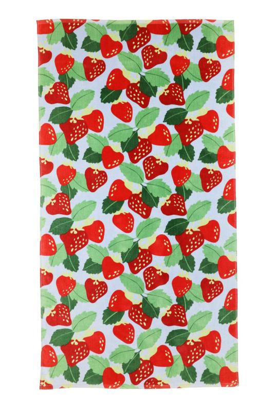 Badlakan, frotte, handduk JORDGUBBE med härliga röda jodgubbar på ljusblå botten