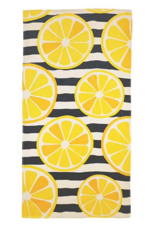 Badlakan, frotte, handduk CITRON med gula citroner och marinblå ränder