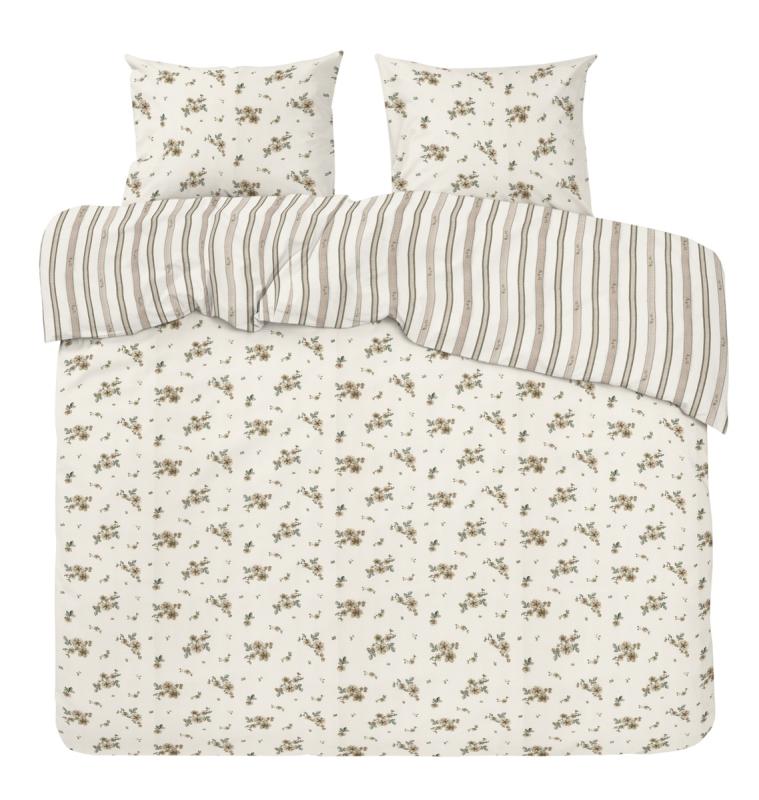 Kingsize Bäddset STINA, vändbart i mullvadsfärg med blommor på ena sidan och ränder på andra sidan