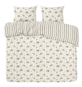 Kingsize Bäddset STINA, vändbart i mullvadsfärg med blommor på ena sidan och ränder på andra sidan