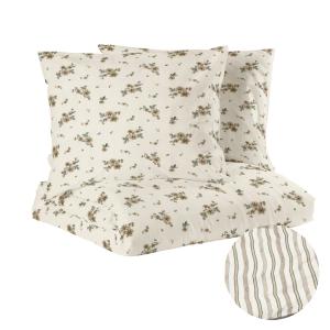 Kingsize Bäddset STINA, vändbart i mullvadsfärg med blommor på ena sidan och ränder på andra sidan