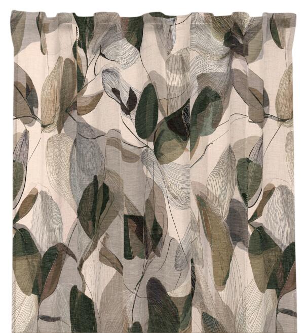 Gardin GIBSON med digitaltryckt fantasifullt bladmönster i grönt, beige och grått