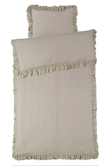 Bäddset ROMANCE, beige enfärgad vintage tvättad bomull med volang runt