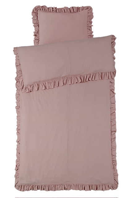 Bäddset ROMANCE, rosa enfärgad vintage tvättad bomull med volang runt