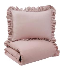 Bäddset ROMANCE, rosa enfärgad vintage tvättad bomull med volang runt