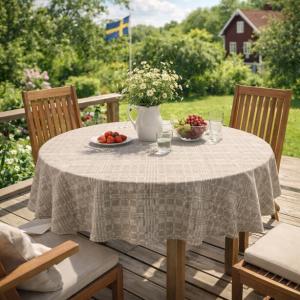 Rund Vaxduk med klassiskt rutigt drällmönster i beige