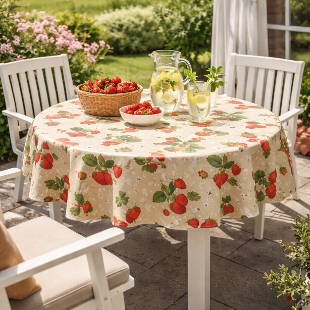 Rund Vaxduk JORDGUBBE med röda jordgubbar på beige bottenfärg