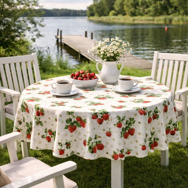 Rund Vaxduk JORDGUBBE med röda jordgubbar på vit bottenfärg