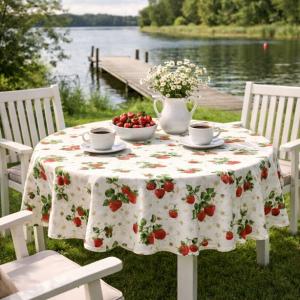 Rund Vaxduk JORDGUBBE med röda jordgubbar på vit bottenfärg