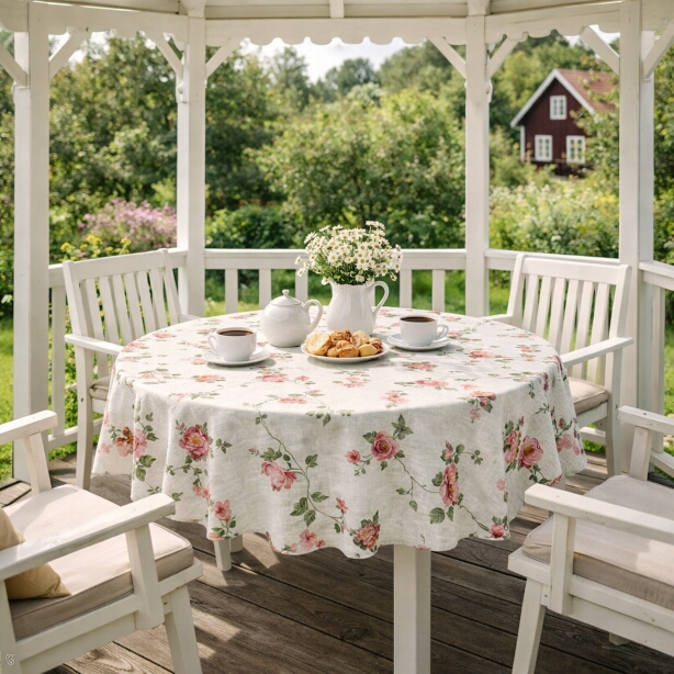 Rund Vaxduk BLOMSLINGA med slingrande gröna grenar med rosa rosor, beige bottenfärg