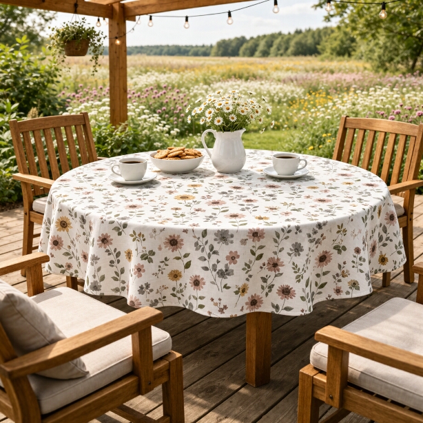 Rund Vaxduk VÄXANDE med blommor i gult, rosa och grått på vit bottenfärg