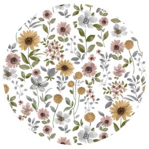 Rund Vaxduk VÄXANDE med blommor i gult, rosa och grått på vit bottenfärg