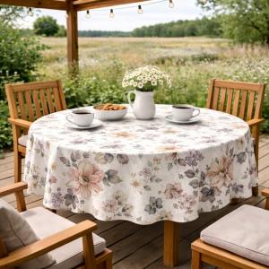 Rund Vaxduk med blommor i rosalila och beige på ljusbeige botten