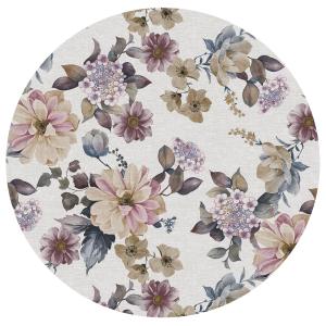 Rund Vaxduk med blommor i rosalila och beige på ljusbeige botten
