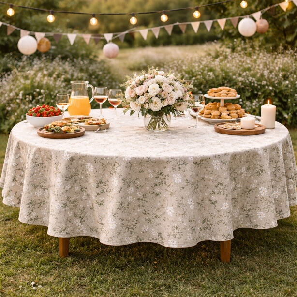 Rund Vaxduk med små vita blommor och gröna blad på linnefärgad botten