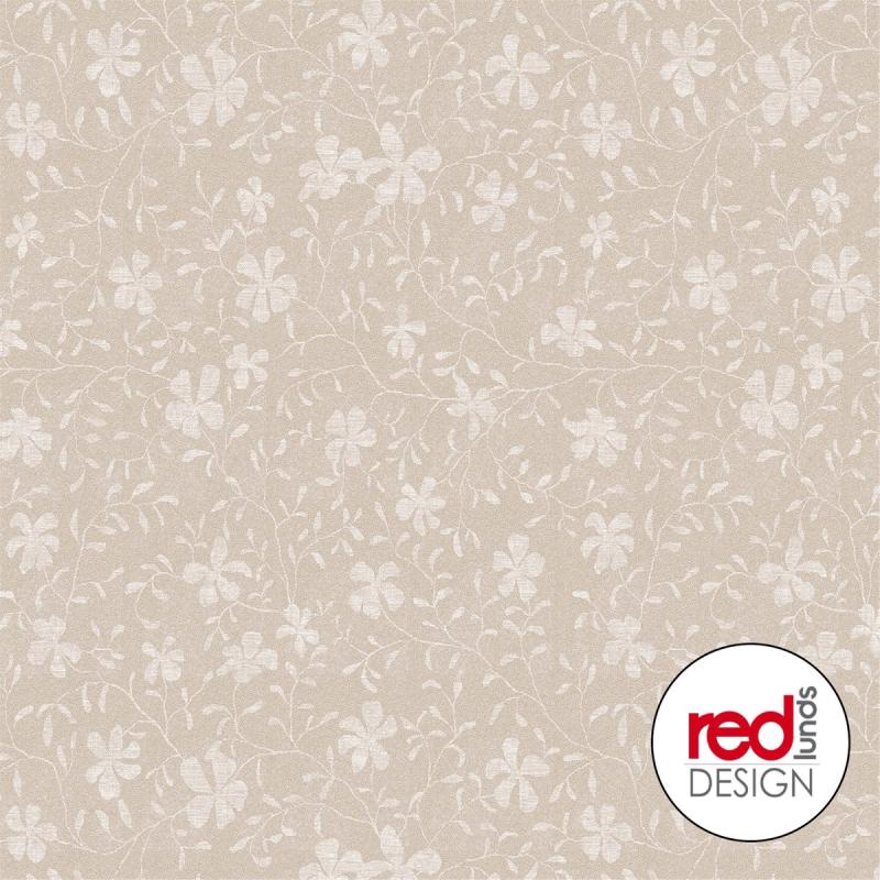 Vaxduk på metervara med vita blommor och blad på vitprickig beige bakgrund