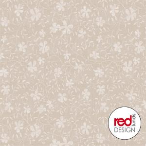 Vaxduk på metervara med vita blommor och blad på vitprickig beige bakgrund