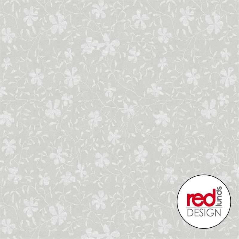 Vaxduk på metervara med vita blommor och blad på vitprickig ljusgrå bakgrund