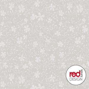 Vaxduk på metervara med vita blommor och blad på vitprickig ljusgrå bakgrund