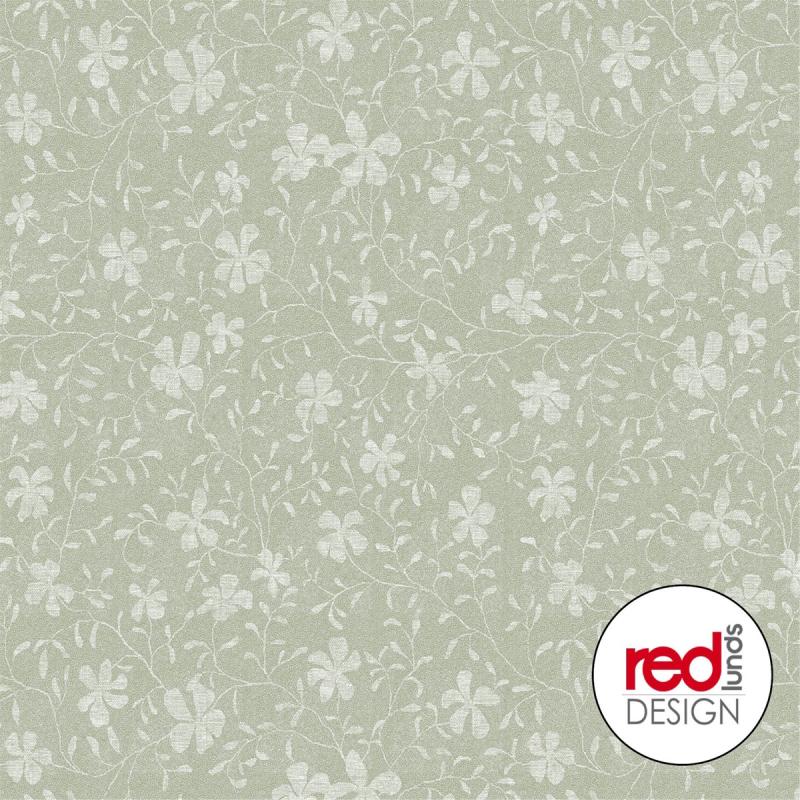 Vaxduk på metervara med vita blommor och blad på vitprickig grön bakgrund