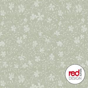 Vaxduk på metervara med vita blommor och blad på vitprickig grön bakgrund