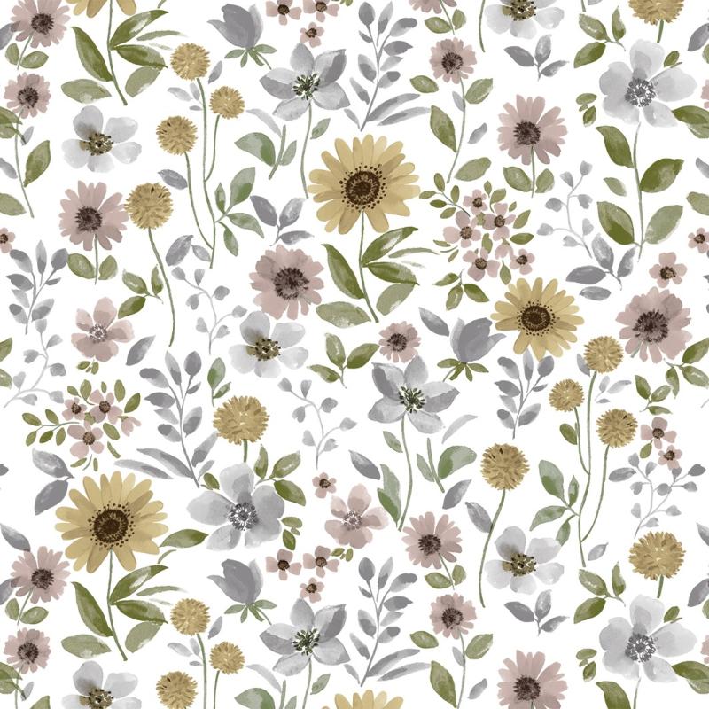 Vaxduk VÄXANDE på metervara med blommor i gult, rosa och grått på vit bottenfärg