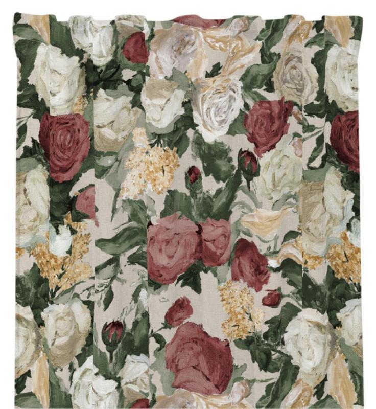Gardin EMELIE med penselmålade rosor i vinrött, gult och beige på beige bottenfärg