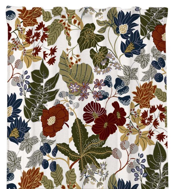 Gardin LAURA med blommor och blad i vinrött, grönt, blått och rost på offwhite bottenfärg
