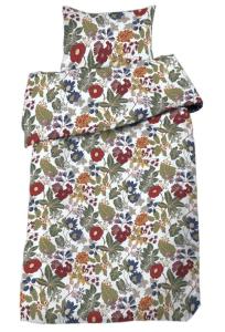 Bäddset LAURA med blommor och blad i vinrött, grönt, blått och rost på offwhite bottenfärg
