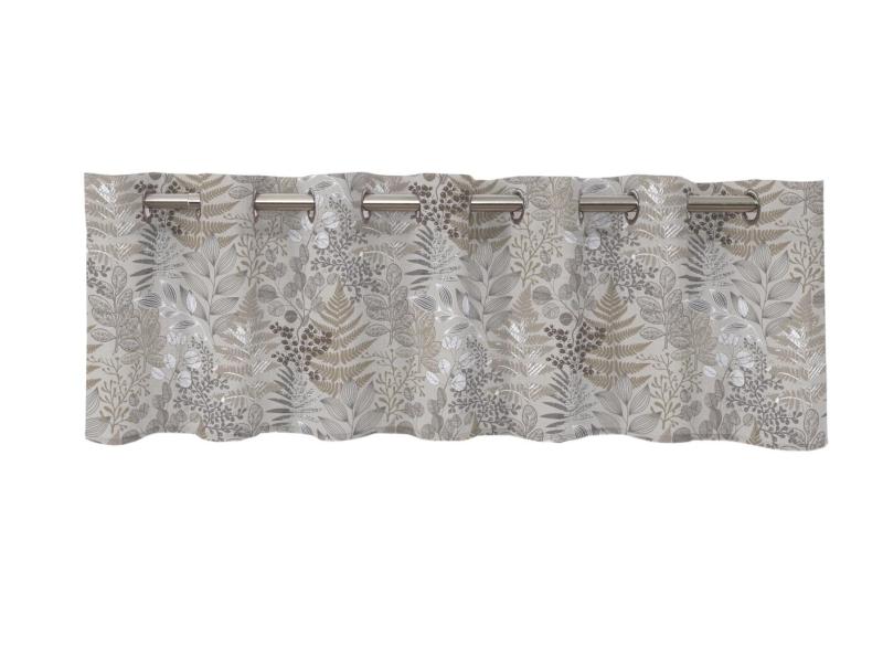 Gardinkappa NORDIC med löv i grått, brunt, beige och vitt på beige bottenfärg