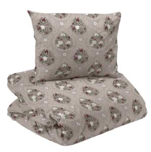 Bäddset HENRIETTA i satin med blommor och blad i droppmönster i ljungfärger