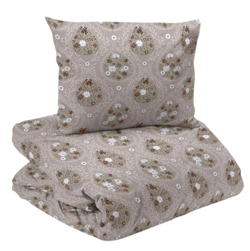 Bäddset HENRIETTA i satin med blommor och blad i droppmönster i rostfärg