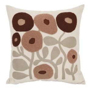 Kuddfodral SABINA i kortklippt "teddy"-kvalité med broderade, tuftade blommor i brända rosa toner