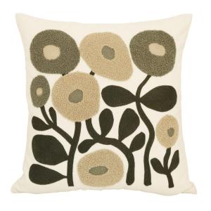 Kuddfodral SABINA i kortklippt "teddy"-kvalité med broderade, tuftade blommor i gröna toner