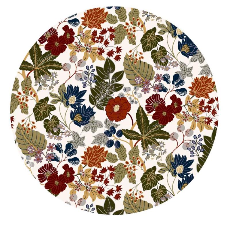 Bordstablett, tallriksunderlägg LAURA i kork med blommor och blad i vinrött, grönt, blått och rost på offwhite bottenfärg