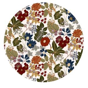 Bordstablett, tallriksunderlägg LAURA i kork med blommor och blad i vinrött, grönt, blått och rost på offwhite bottenfärg