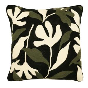 Kuddfodral BELINDA med broderade blad i olivgrönt och offwhite på svart botten