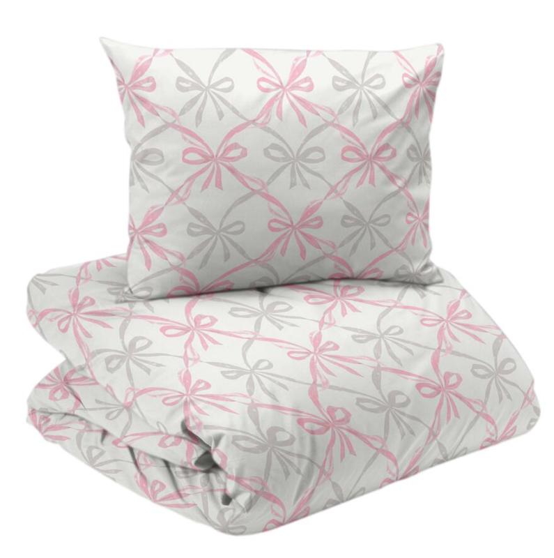 Bäddset SWEET i satin med rosetter i rosa och grått
