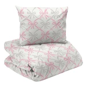 Bäddset SWEET i satin med rosetter i rosa och grått
