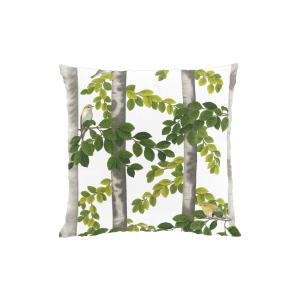 Kuddfodral Boksångare, med sångfåglar bland trädstammar, Stl 47x47cm. Offwhite/Grön