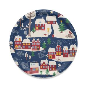 Rund Bricka VINTERTID, små röda hus med snötäckta tak på ljusblå botten (kopia)