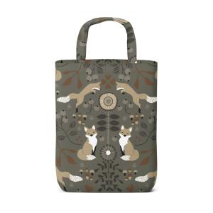 Bärkasse Rävstigen med söta rävar i medaljongliknande mönster med brun bottenfärg