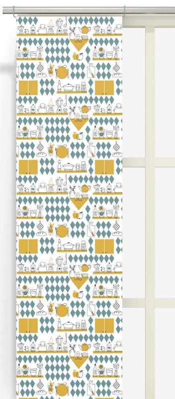 Panelgardin KÖKET med köksverktyg i tuff retrostil i färgerna gult och grönt