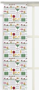 Panelgardin JULKÖKET med köksverktyg i tuff retrostil i färgerna röd, gul och grön