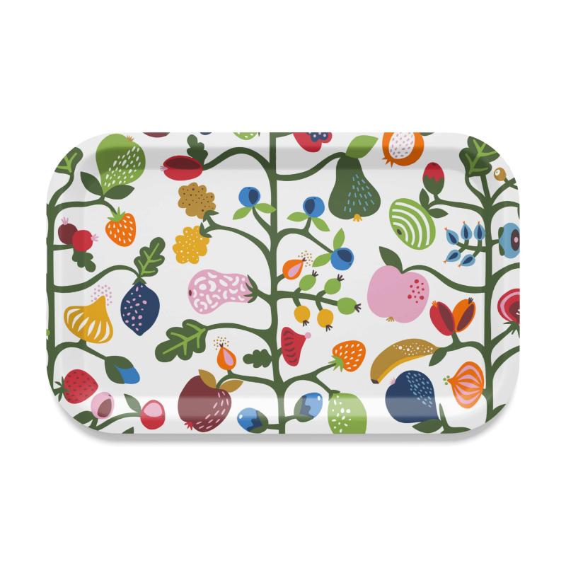 Bricka FRUKTTRÄD, rektangulär med fantasifullt mönster av frukter i färgsprakande kulörer