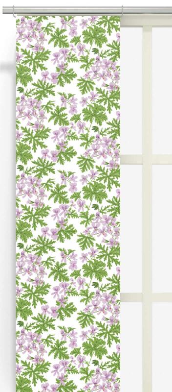 Panelgardin WESTERLUNDS BLOMMA, med lila små blommor och gröna blad