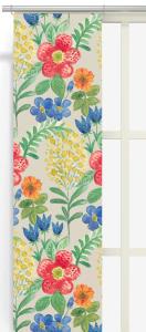 Panelgardin ÄNGSDRÖM med blommor i rött, gult, blått och orange på beige bottenfärg