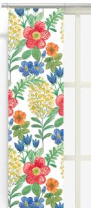 Panelgardin ÄNGSDRÖM med blommor i rött, gult, blått och orange på vit bottenfärg
