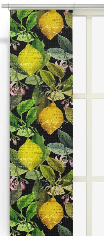Panelgardin CITRUS med stora gula citroner på svart bottenfärg