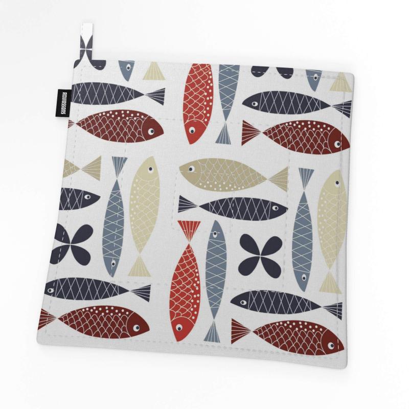 Grytlapp FINA FISKEN med små fiskar i rött, blått och beige